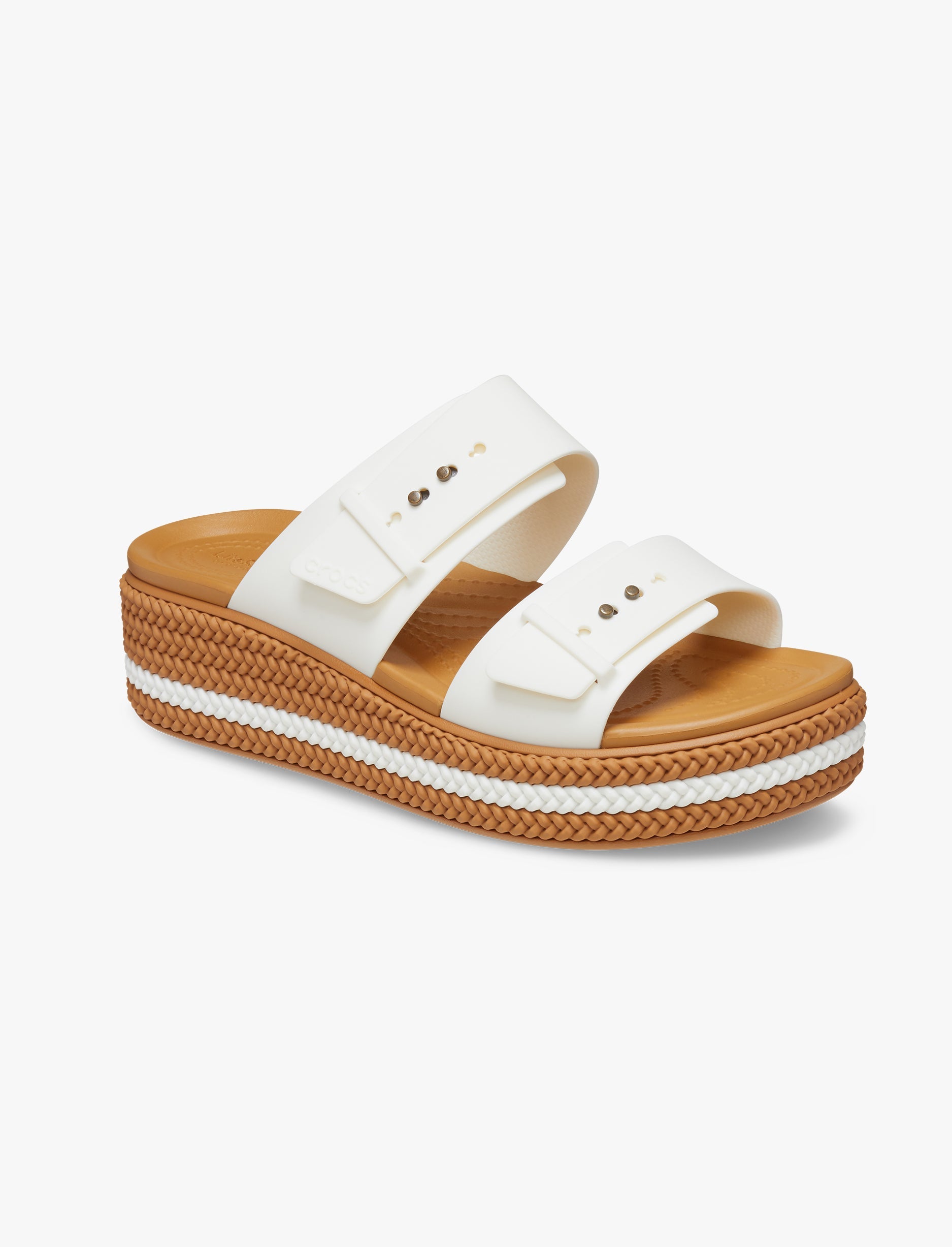 Crocs Brooklyn Woven Buckle - כפכפי פלטפורמה קרוקס לנשים עם סוליה קלועה בצבע לבן גיר