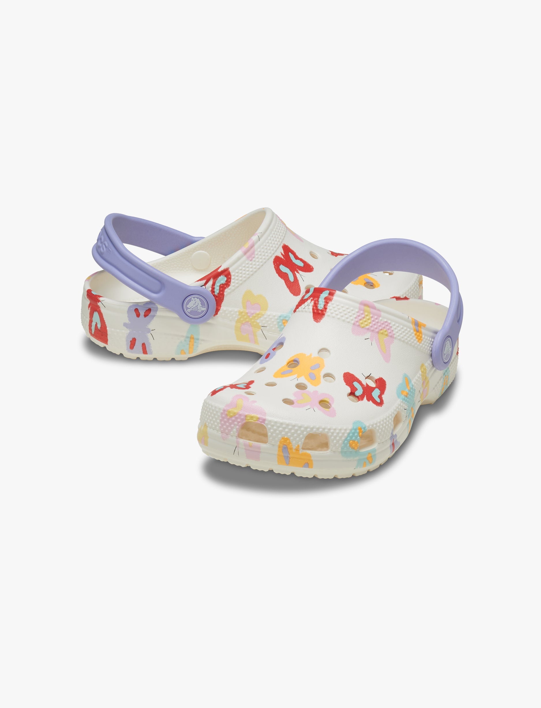 Crocs Classic Butterfly Graphic Clog T- כפכפי קלוג קרוקס לילדים בצבע לבן גיר בהדפס פרפרים צבעוניים מידות קטנות