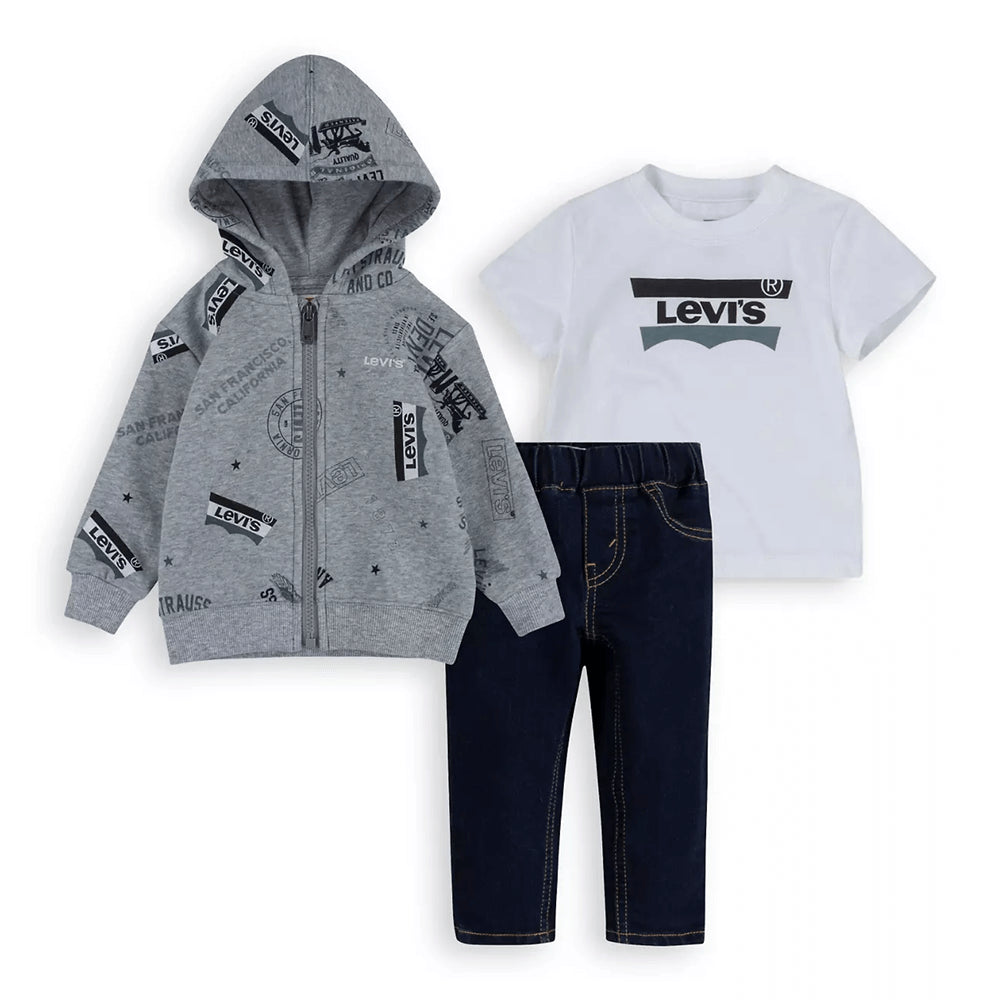 סט חולצה ג'ינס וג'קט קפוצ'ון ליוויס Zip Up Hoodie Tee Denim Jeans Set לתינוקות