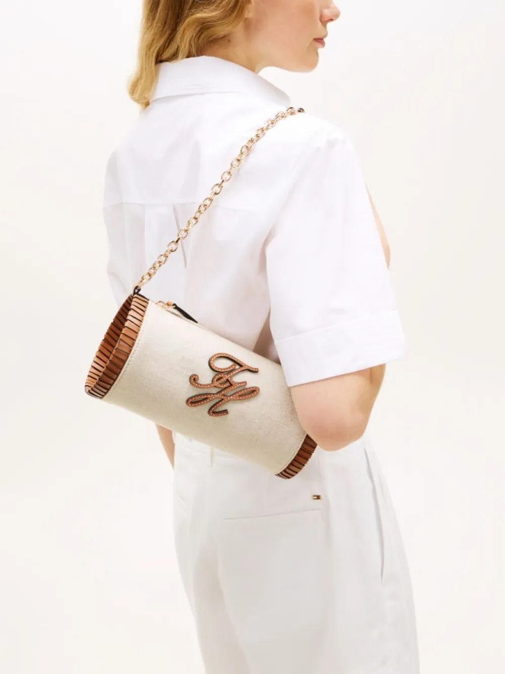 תיק טומי הילפיגר Chain Strap Linen Canvas Shoulder נשים