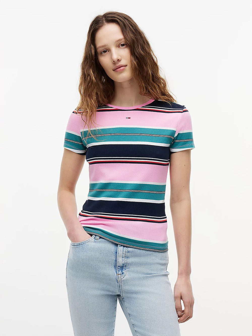 חולצת טישירט קצרה טומי הילפיגר Ribbed Slim Crew Neck נשים