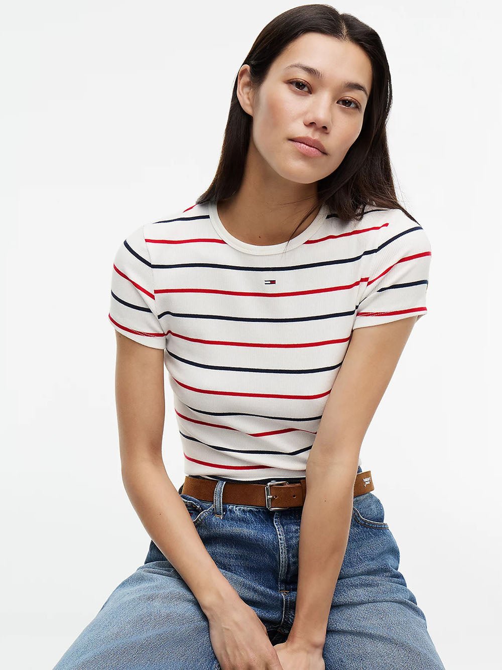 חולצת טישירט קצרה טומי הילפיגר Ribbed Slim Crew Neck נשים