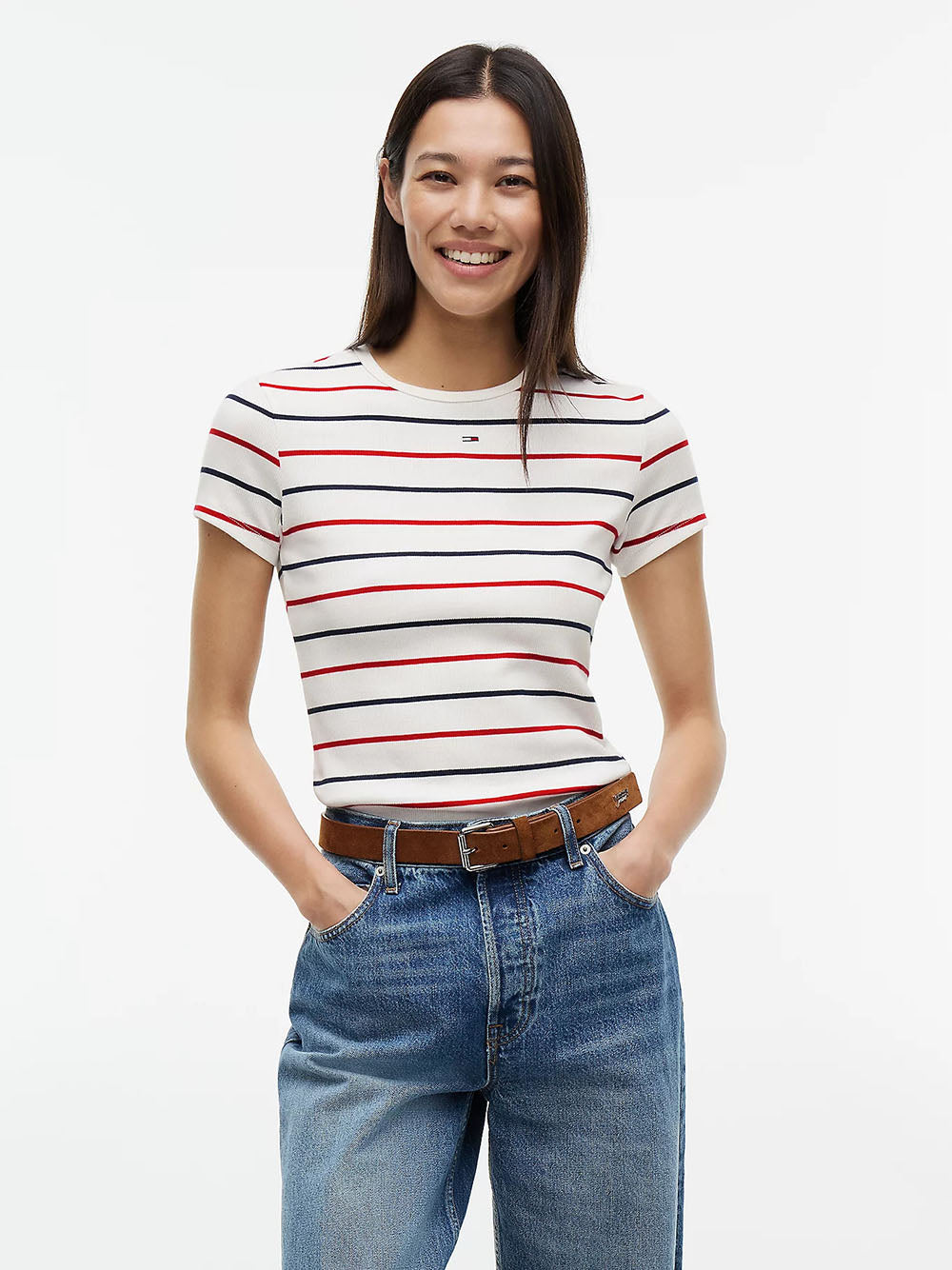 חולצת טישירט קצרה טומי הילפיגר Ribbed Slim Crew Neck נשים