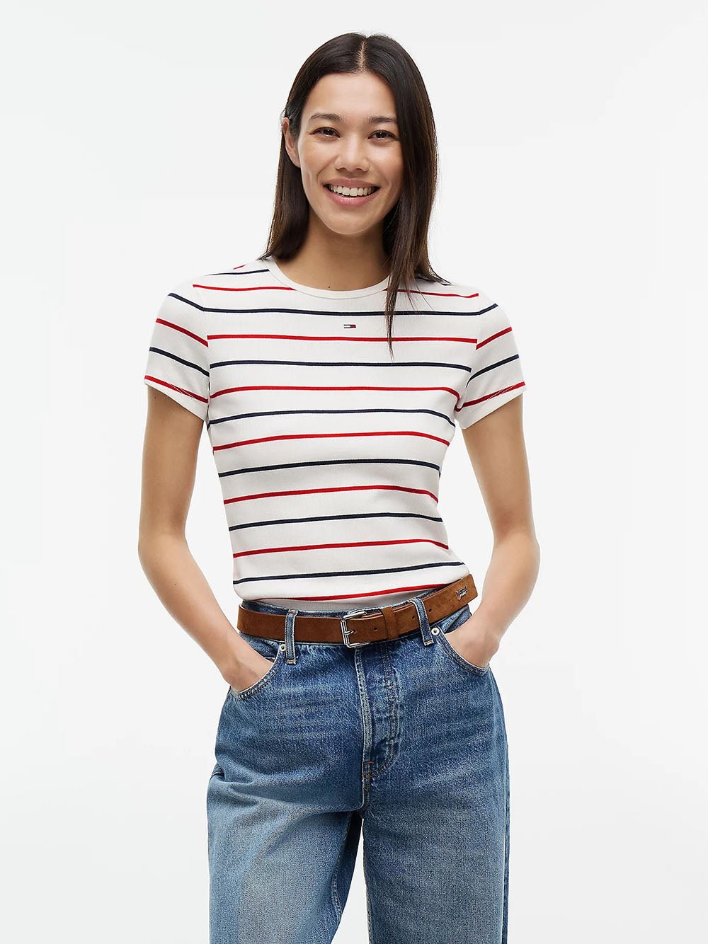 חולצת טישירט קצרה טומי הילפיגר Ribbed Slim Crew Neck נשים