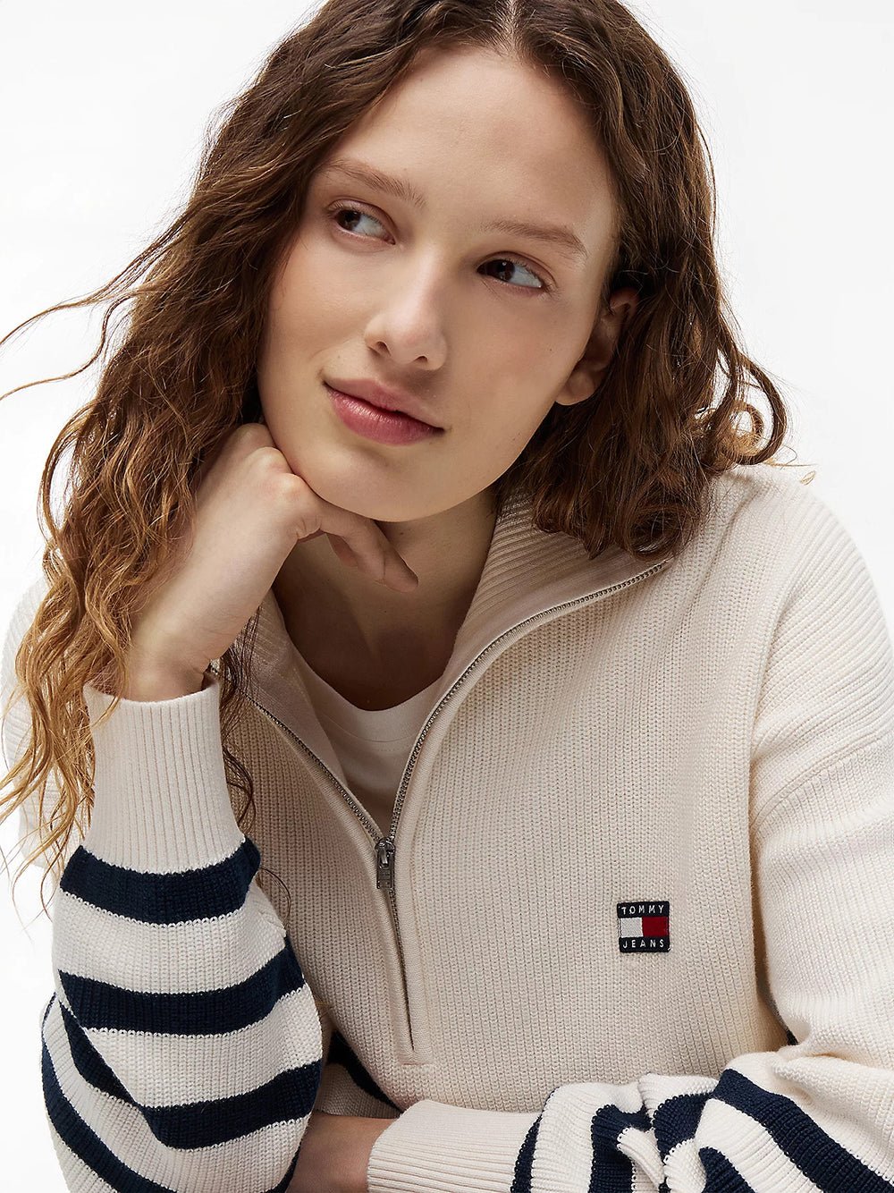 סווטשירט טומי הילפיגר Badge Stripe Quarter-Zip Jumper נשים - thr-DW0DW22928-YBH-XXS