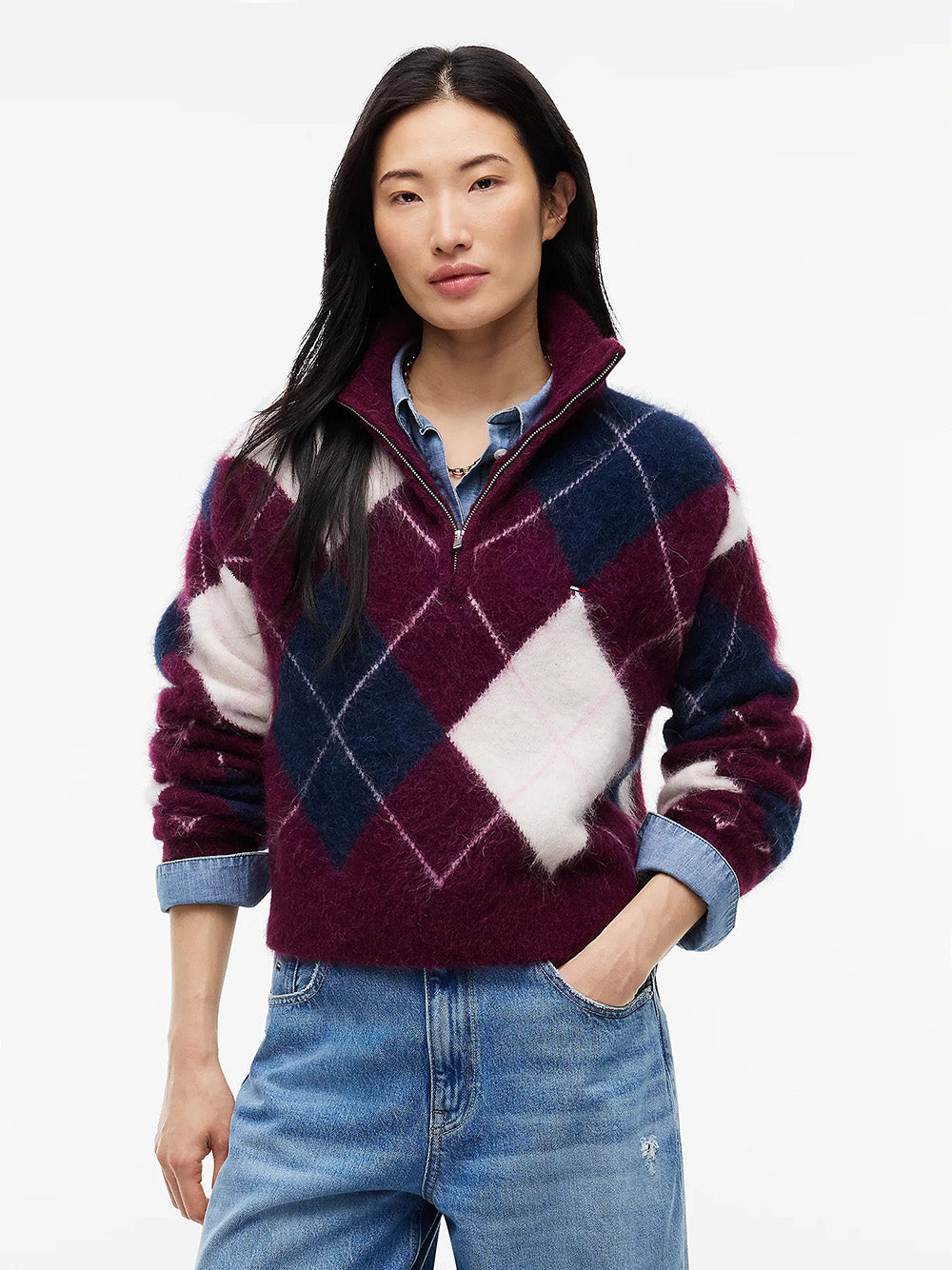 סווטשירט טומי הילפיגר Alpaca Blend Fluffy Cropped Quarter-Zip Jumper נשים