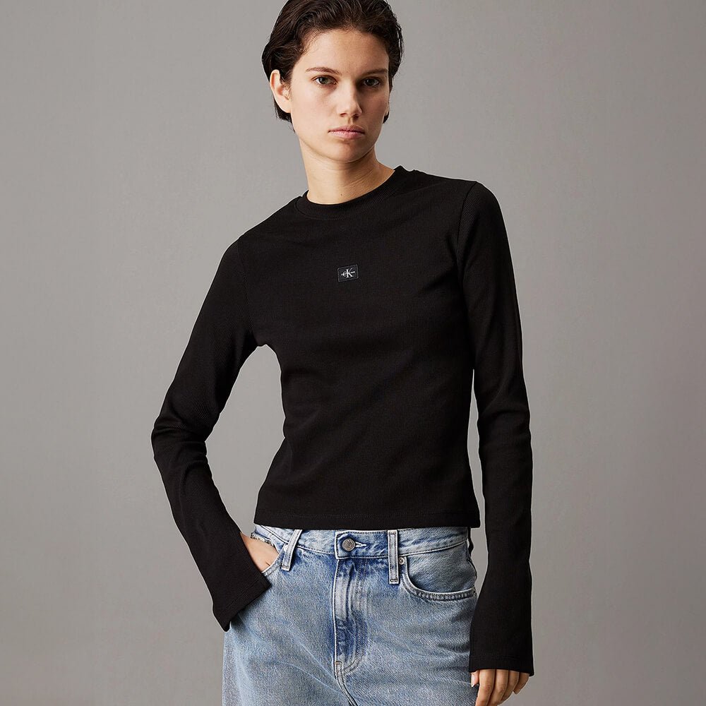חולצת טישירט ארוכה קלווין קליין Woven Label Rib Top נשים