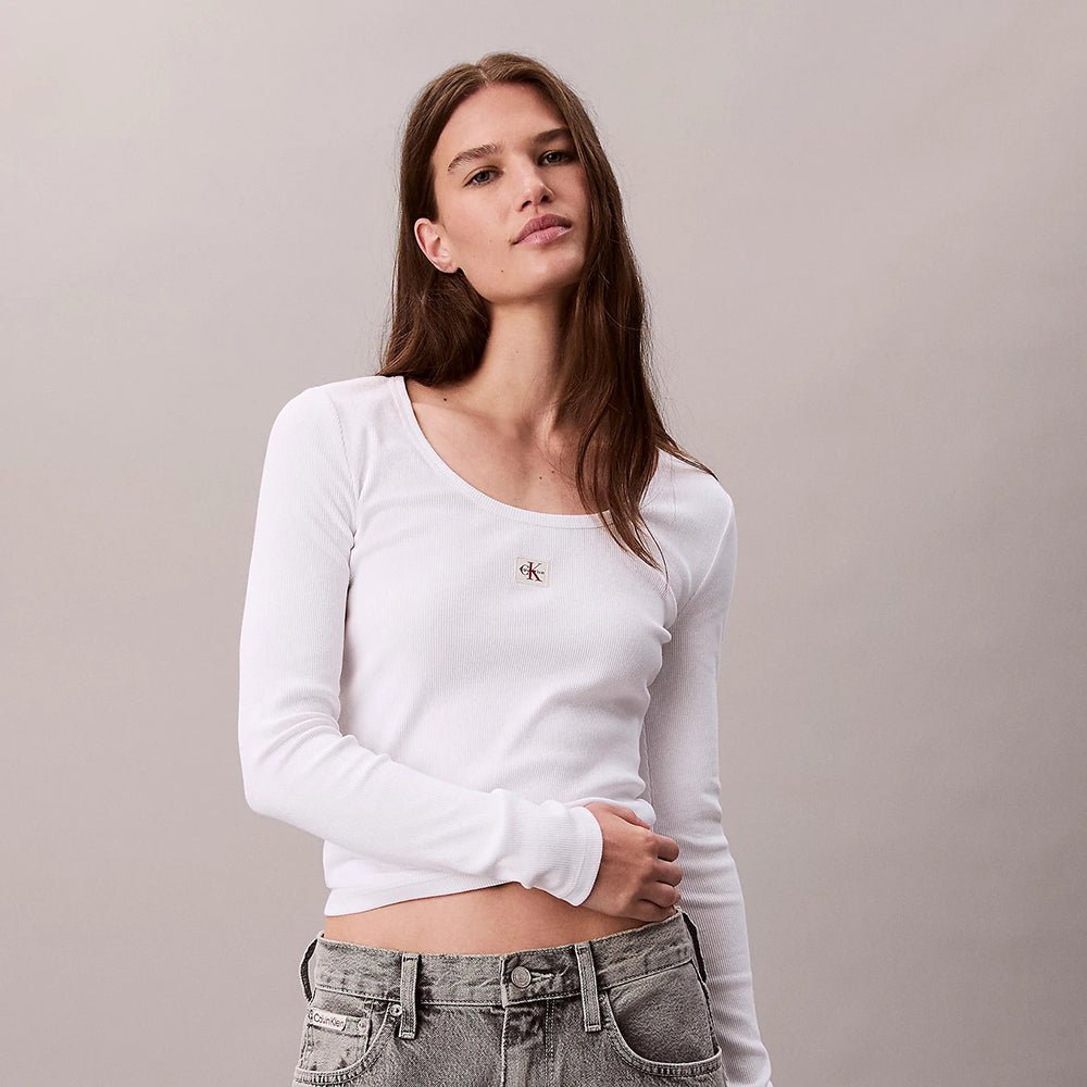 חולצת טישירט ארוכה קלווין קליין Ribbed Cotton Long Sleeve Top נשים