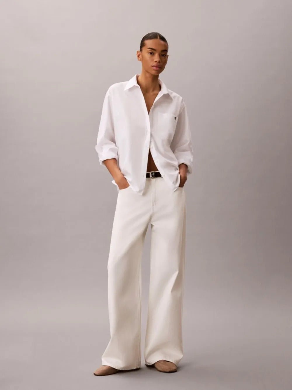 חולצה מכופתרת קלווין קליין Cotton Poplin Jacquard Relaxed Shirt נשים