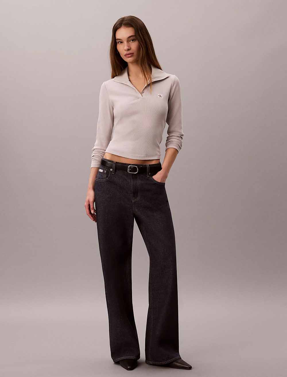 חולצת טישירט ארוכה קלווין קליין Woven Monologo Henley Turtleneck נשים - ck-LV047H203G-QCF-XS