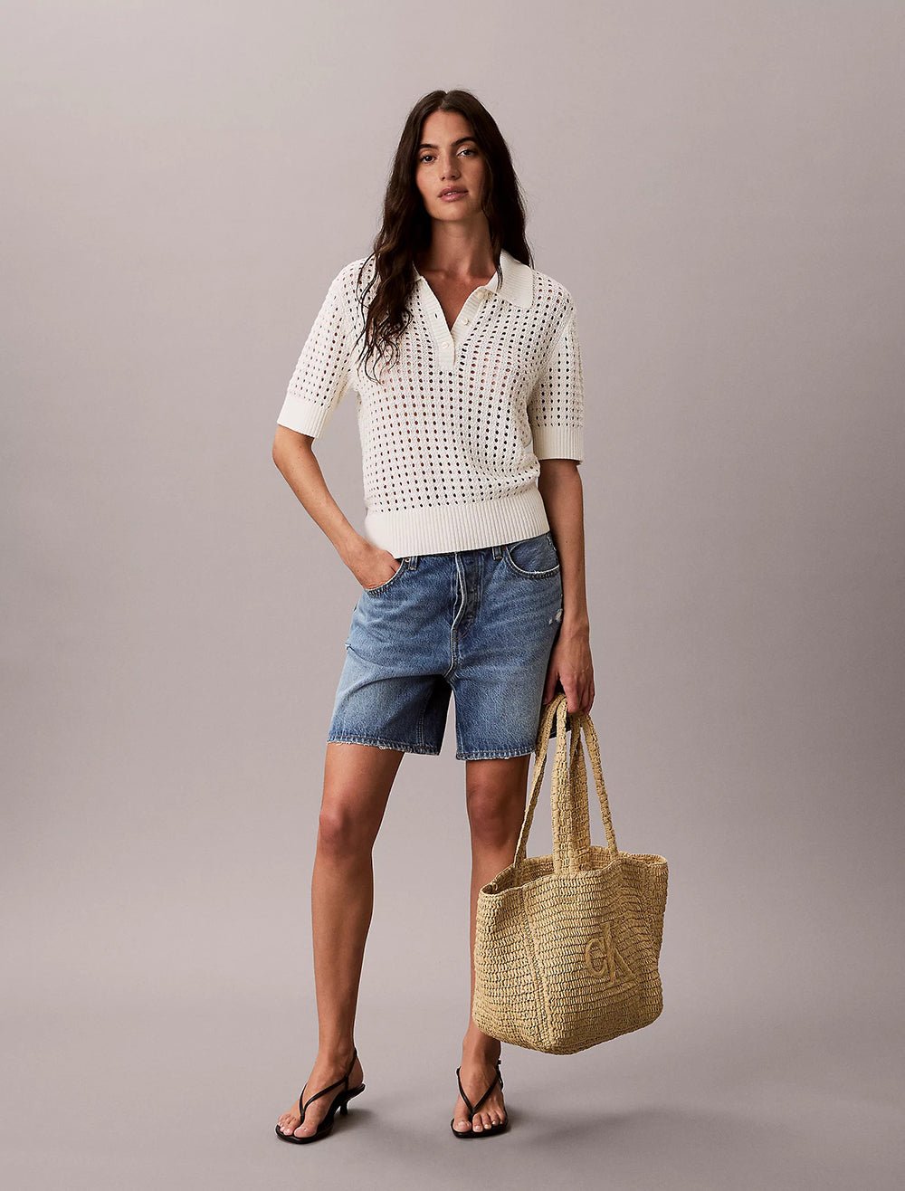 תיק קלווין קליין Bold Ck Raffia Medium Tote נשים