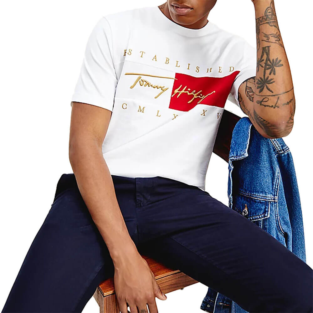 חולצת טישרט טומי הילפיגר קצרה Signature Logo Embroidery T-Shirt גברים