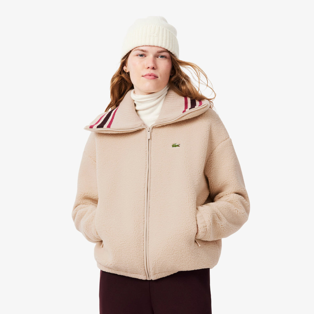 ג'קט לקוסט Oversized Striped Ribbed Collar Sherpa נשים - lct-SF8330-S69-36