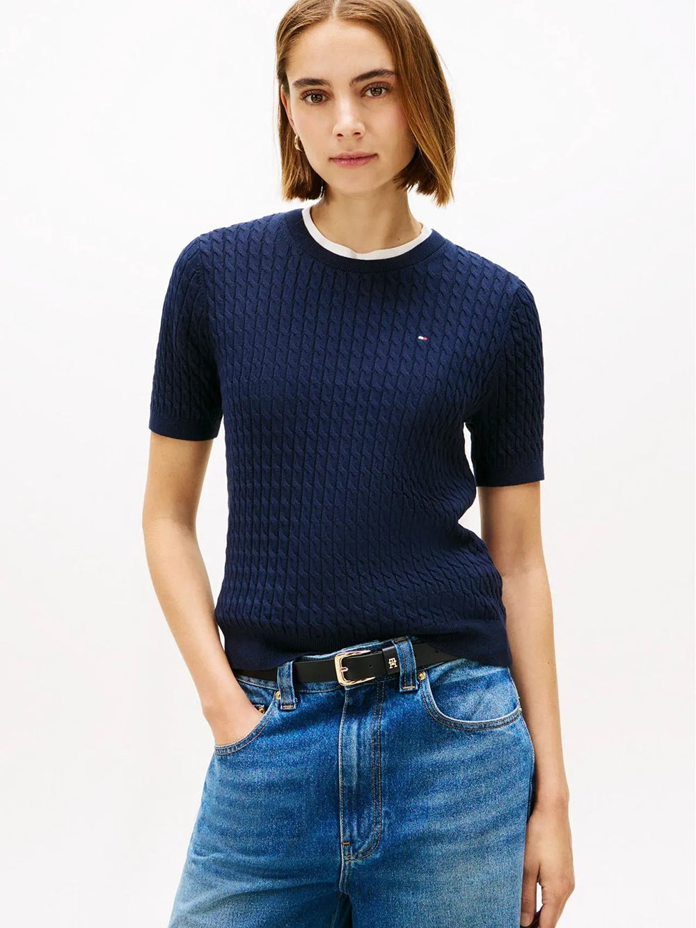 חולצת טישירט קצרה טומי הילפיגר Cable Knit Short Sleeve Jumper נשים
