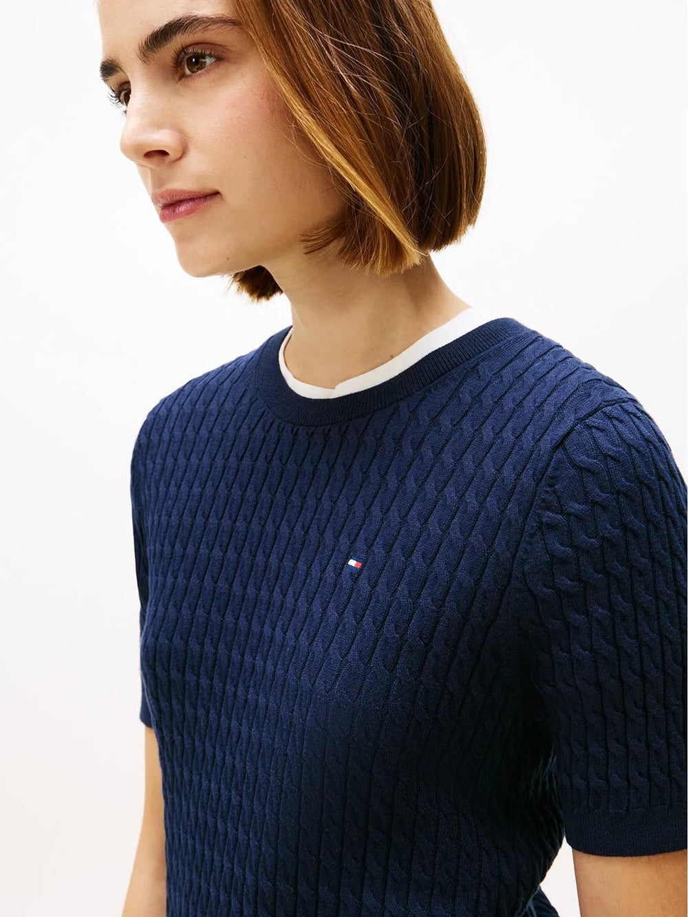 חולצת טישירט קצרה טומי הילפיגר Cable Knit Short Sleeve Jumper נשים
