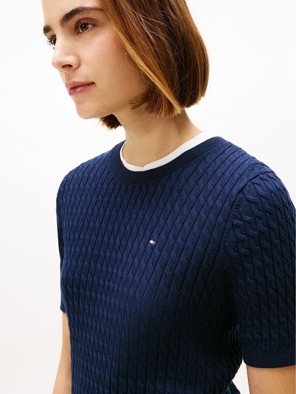 חולצת טישירט קצרה טומי הילפיגר Cable Knit Short Sleeve Jumper נשים - thr-WW0WW41787-C1G-XS