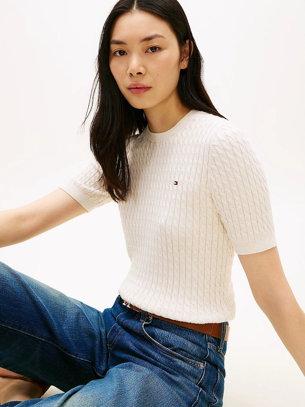 חולצת טישירט קצרה טומי הילפיגר Cable Knit Short Sleeve Jumper נשים