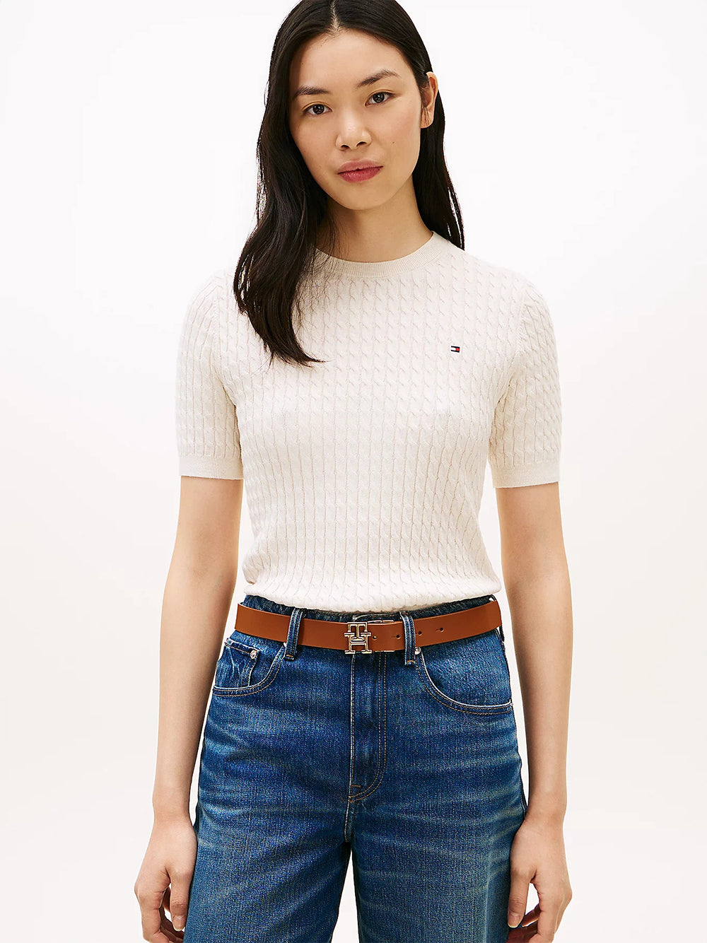 חולצת טישירט קצרה טומי הילפיגר Cable Knit Short Sleeve Jumper נשים