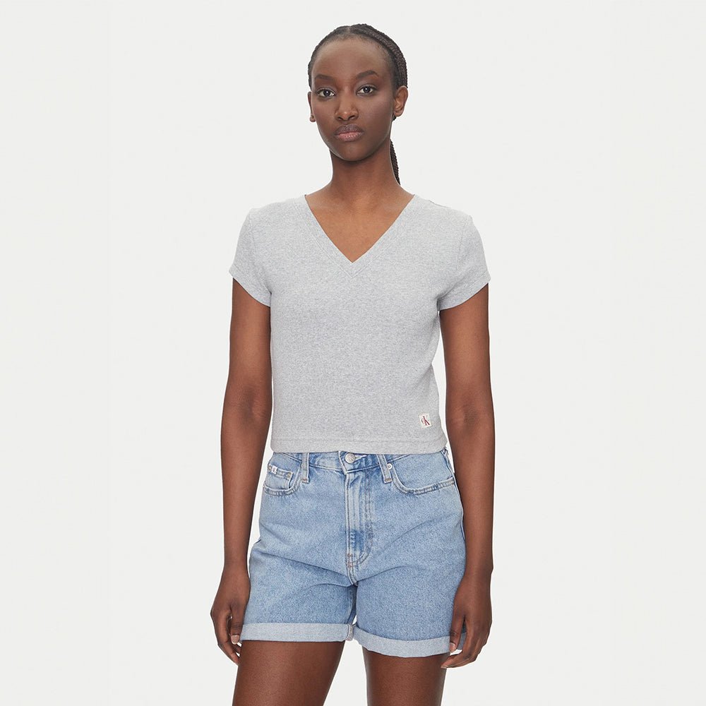 חולצת טישירט קצרה קלווין קליין Ribbed Cotton V-Neck נשים