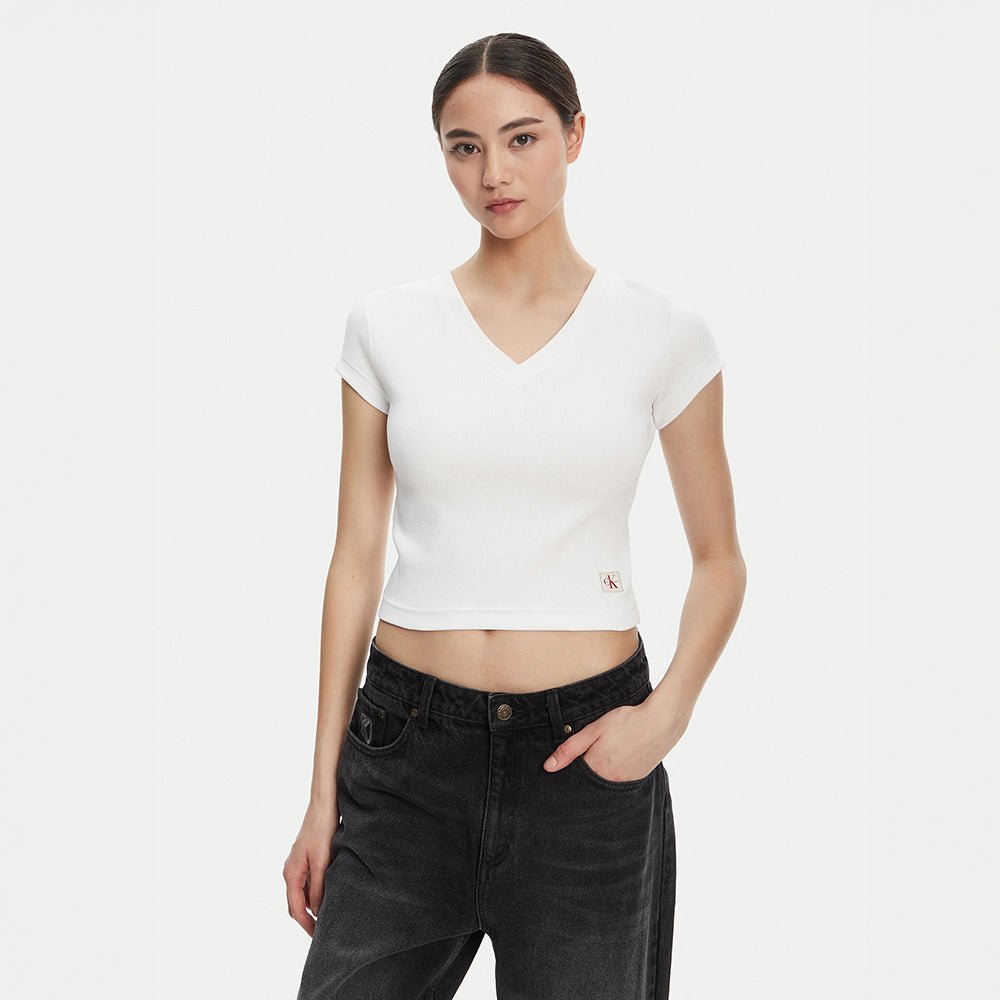 חולצת טישירט קצרה קלווין קליין Ribbed Cotton V-Neck נשים