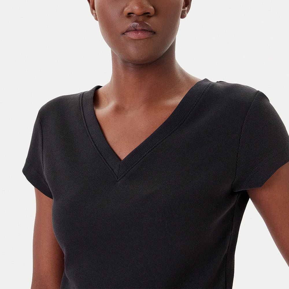 חולצת טישירט קצרה קלווין קליין Ribbed Cotton V-Neck נשים