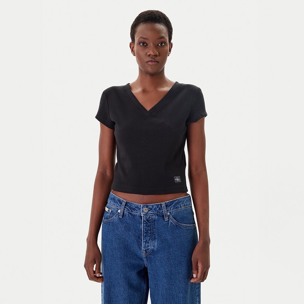 חולצת טישירט קצרה קלווין קליין Ribbed Cotton V-Neck נשים