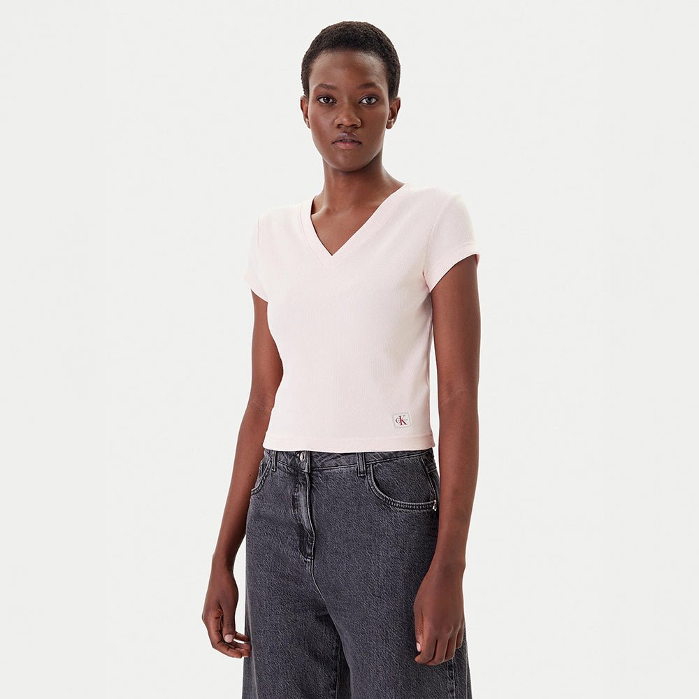 חולצת טישירט קצרה קלווין קליין Ribbed Cotton V-Neck נשים