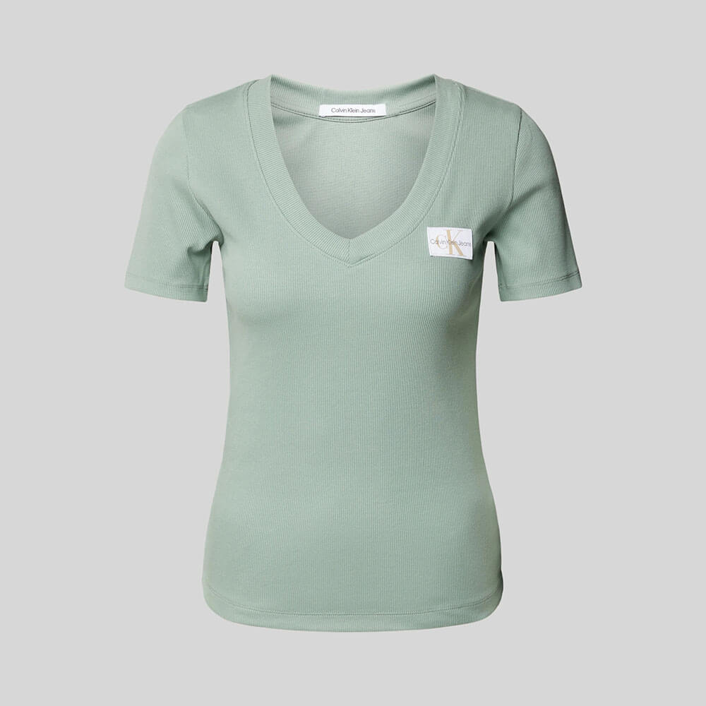 חולצת טישרט קלווין קליין קצרה Woven Label Rib Vneck נשים