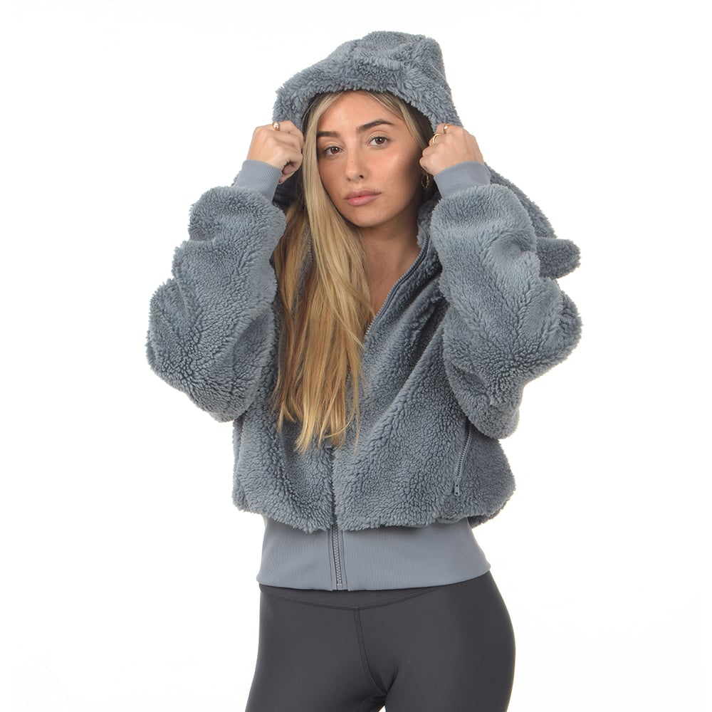 מעיל דמוי פרווה עם כובע אלו יוגה נשים