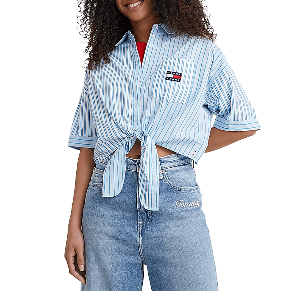 חולצה מכופתרת טומי הילפיגר קצרה Front Knot Stripe נשים