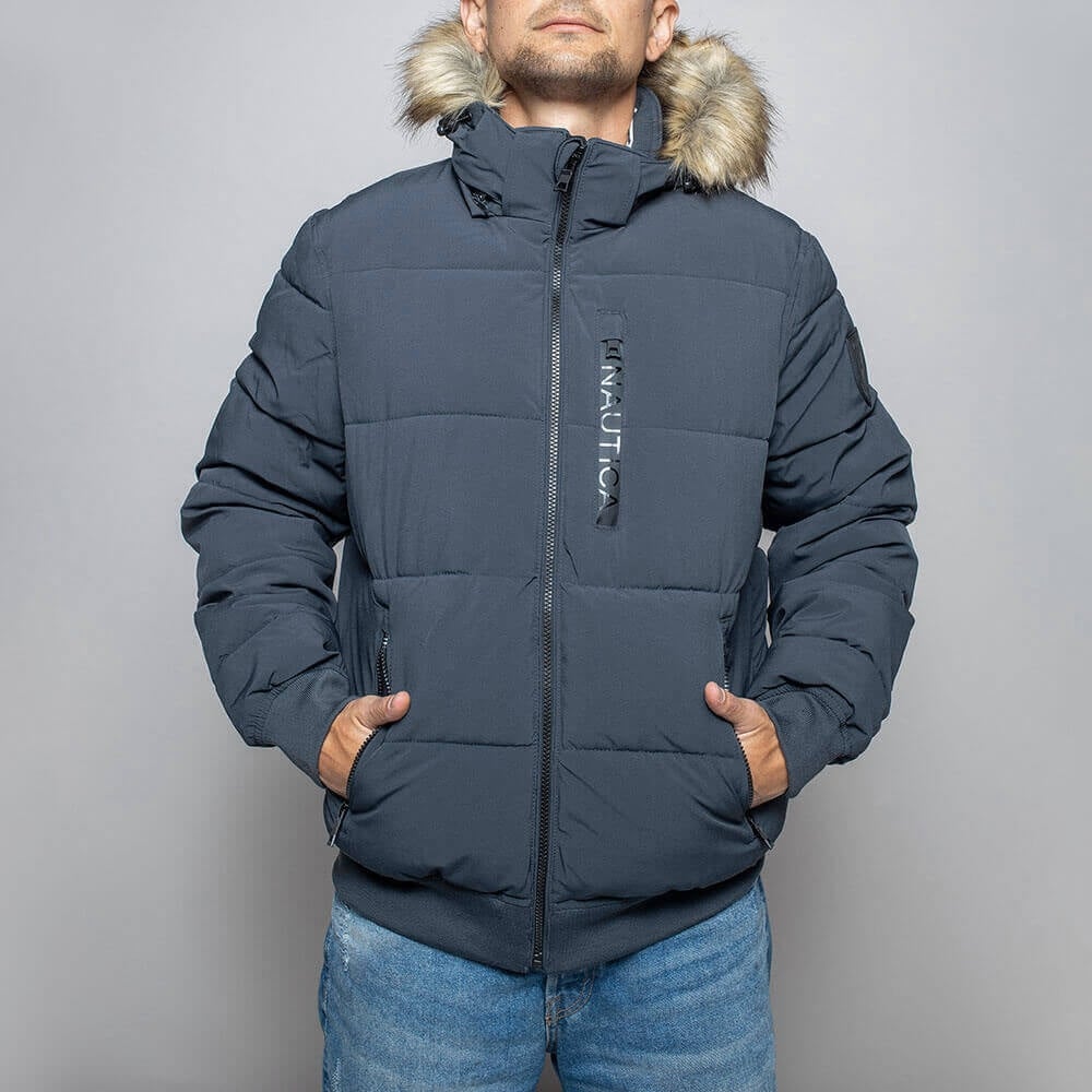 מעיל נאוטיקה מרופד עם כובע בעיטור פרווה גברים