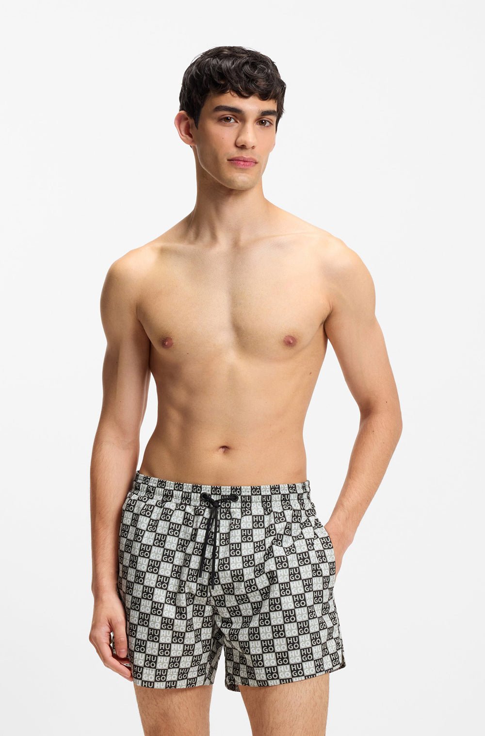 מכנס בגד ים הוגו Quick-Dry Swim Shorts With Stacked-Logo Check Print גברים