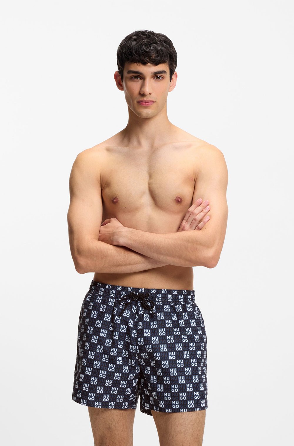 מכנס בגד ים הוגו Quick-Dry Swim Shorts With Stacked-Logo Check Print גברים