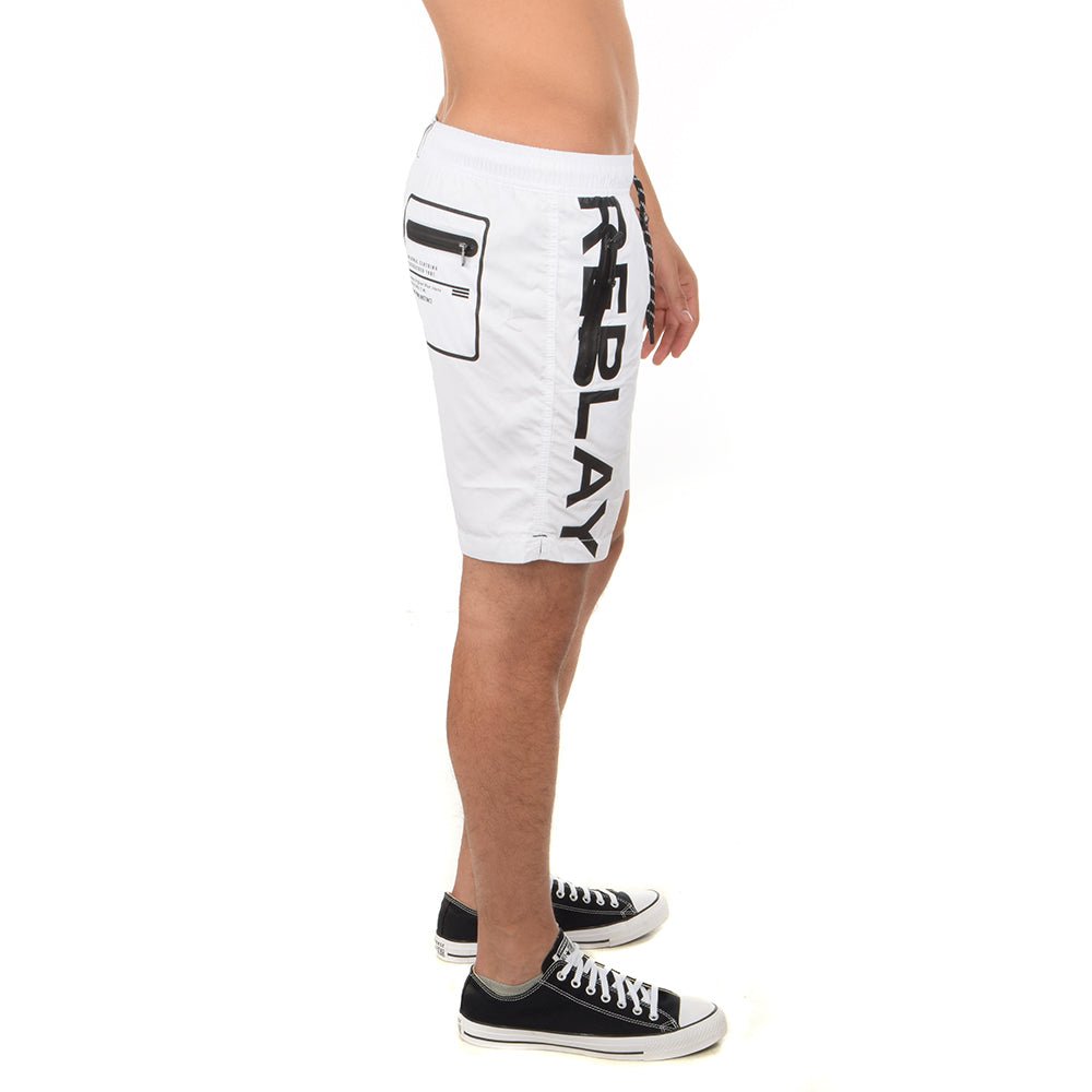 בגד ים ריפליי כיתוב לאורך ומלבן כיתוב לוגו מאחור גברים