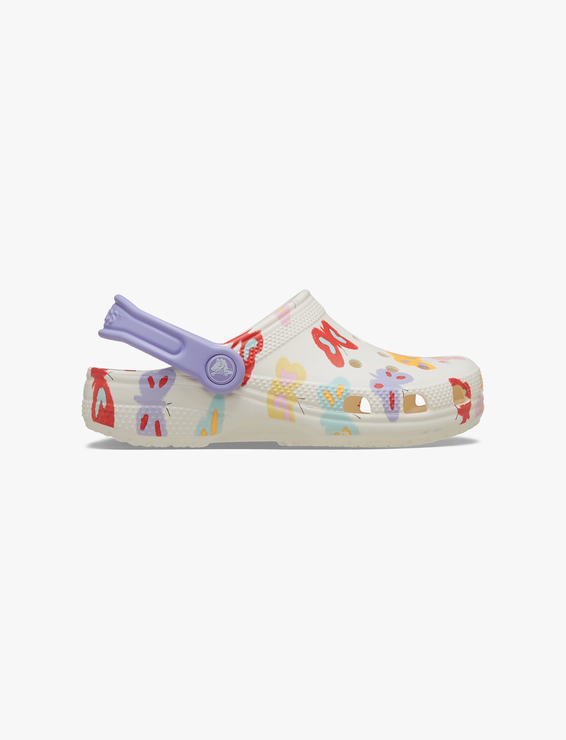 Crocs Classic Butterfly Graphic Clog K  כפכפי קלוג קרוקס לילדים בצבע לבן גיר בהדפס פרפרים צבעוניים