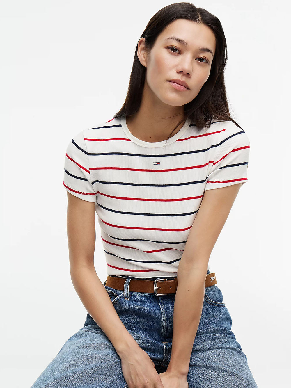 חולצת טישירט קצרה טומי הילפיגר Ribbed Slim Crew Neck נשים