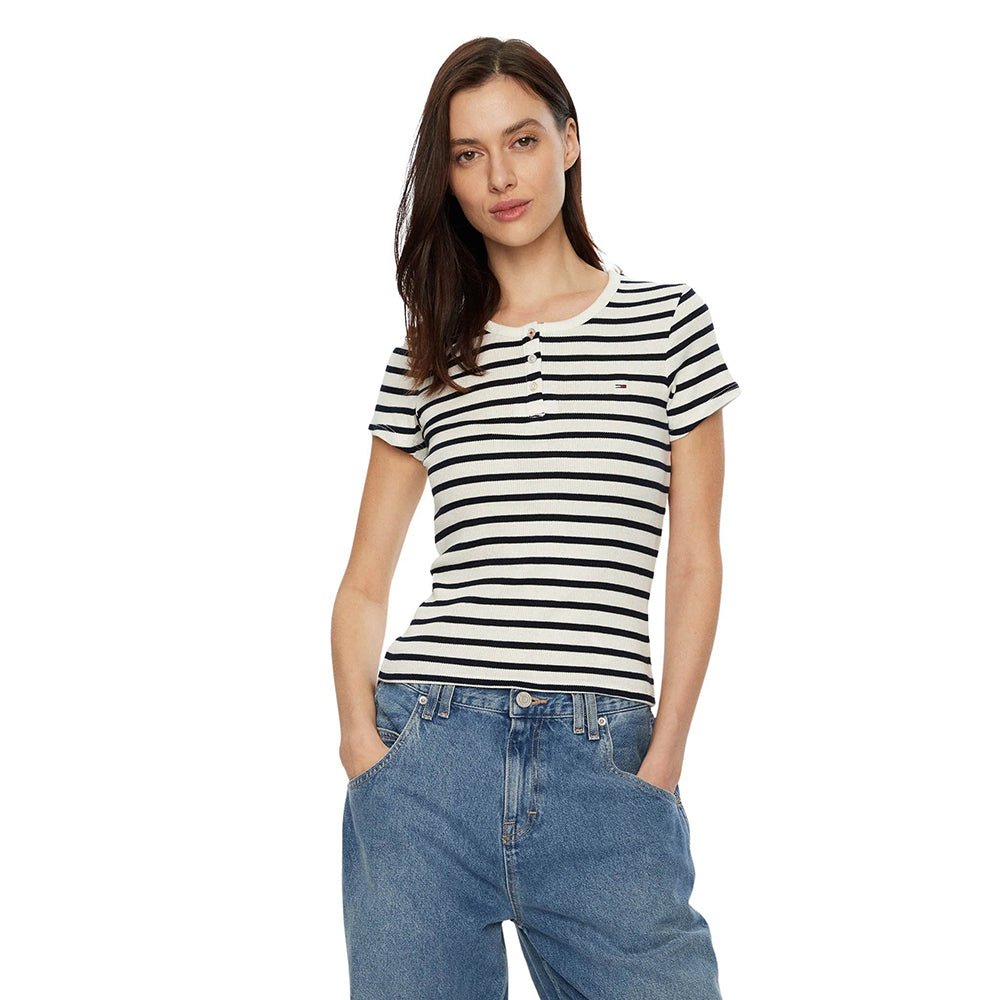 חולצת טישירט קצרה טומי הילפיגר Slim Button Rib C-Neck נשים