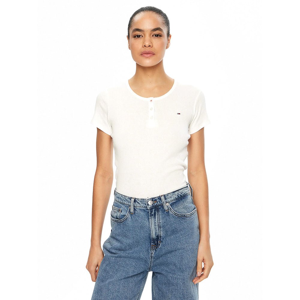 חולצת טישירט קצרה טומי הילפיגר Slim Button Rib C-Neck נשים