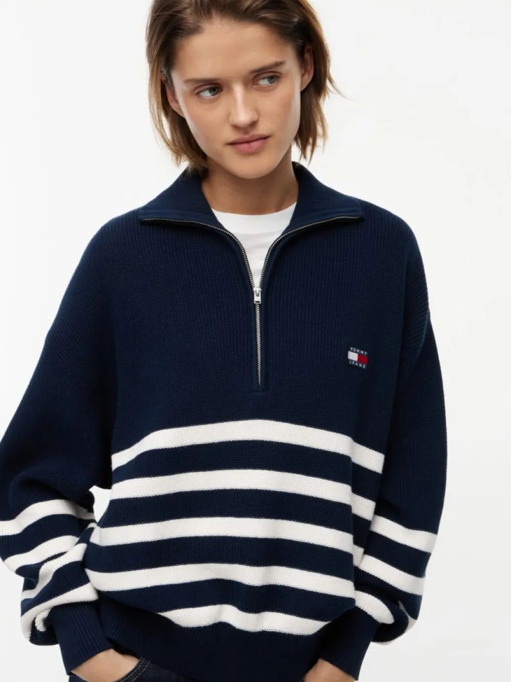 סווטשירט טומי הילפיגר Badge Stripe Quarter-Zip Jumper נשים