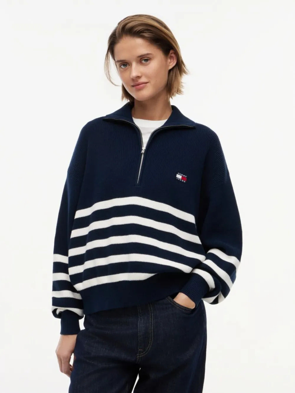 סווטשירט טומי הילפיגר Badge Stripe Quarter-Zip Jumper נשים