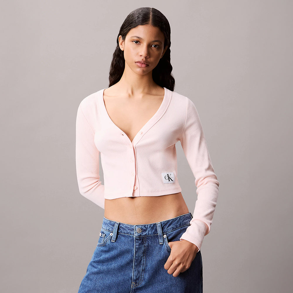 חולצה מכופתרת קלווין קליין Cropped Ribbed Cotton Cardigan נשים