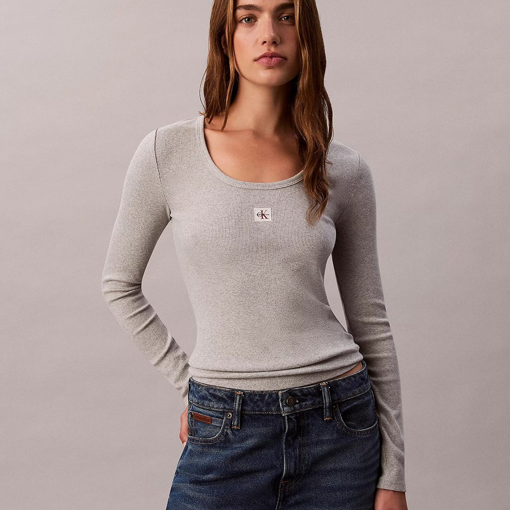 חולצת טישירט ארוכה קלווין קליין Ribbed Cotton Long Sleeve Top נשים