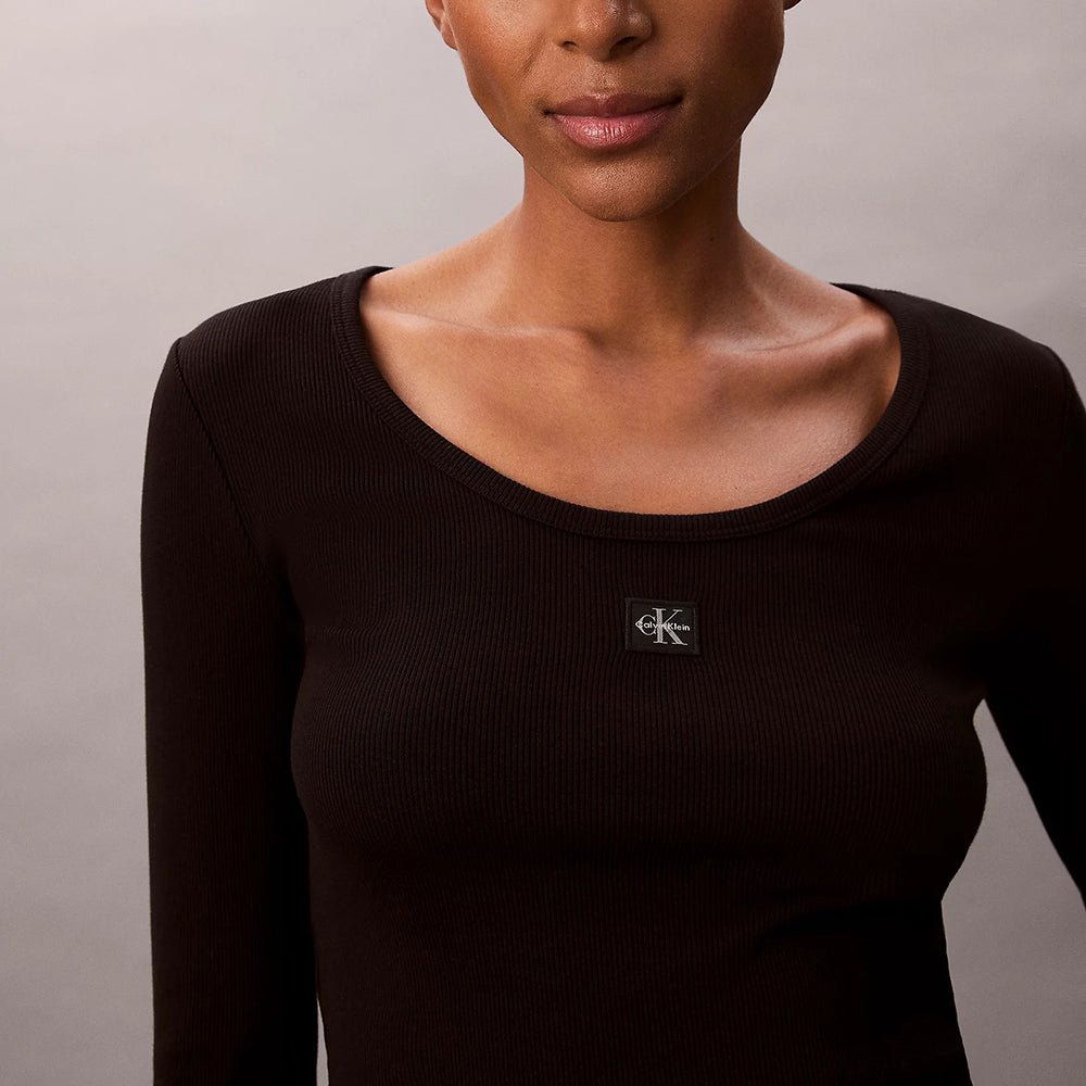 חולצת טישירט ארוכה קלווין קליין Ribbed Cotton Long Sleeve Top נשים