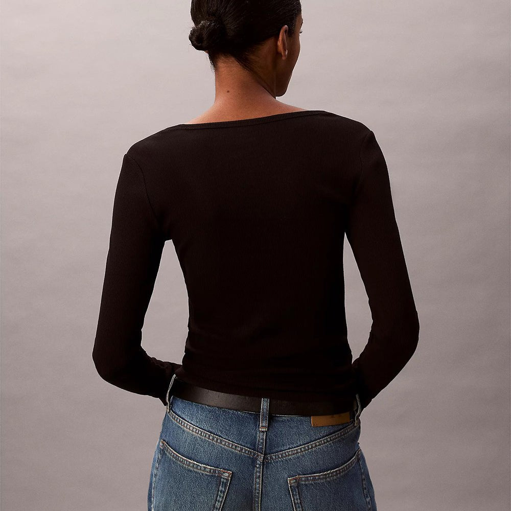 חולצת טישירט ארוכה קלווין קליין Ribbed Cotton Long Sleeve Top נשים