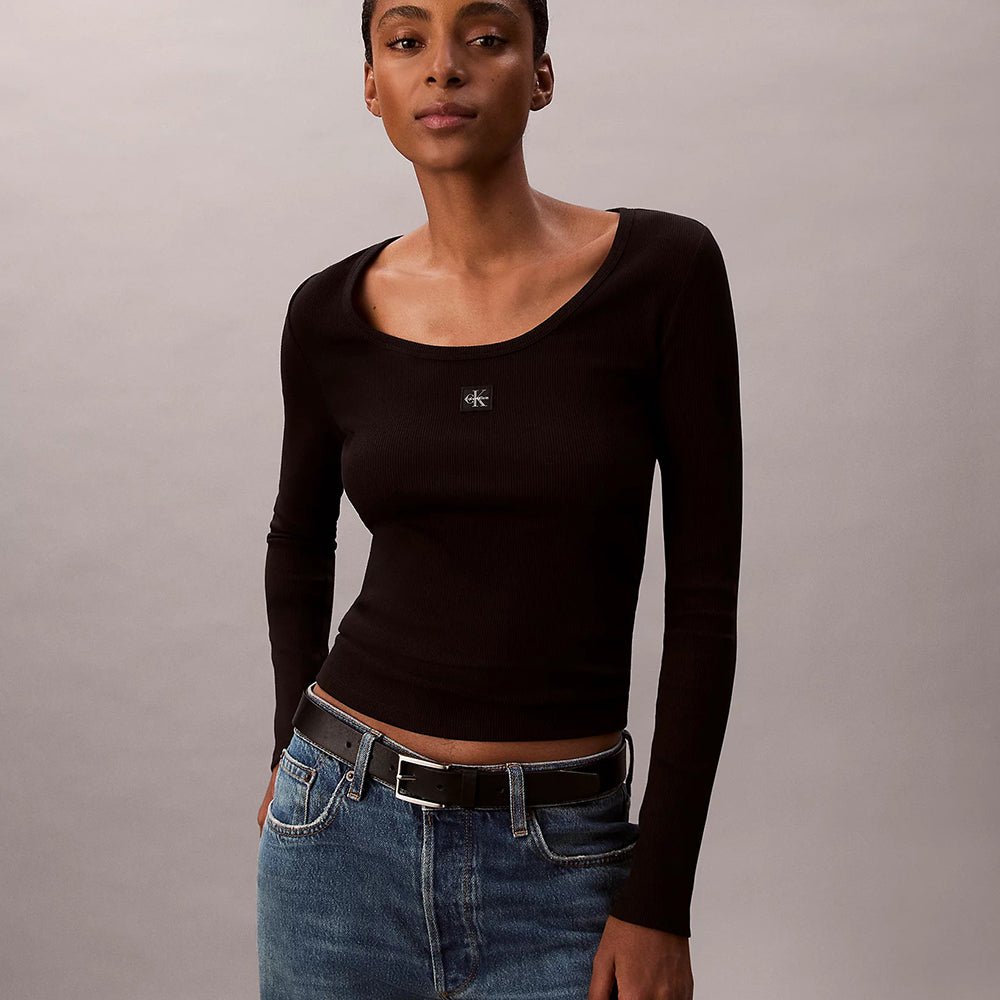 חולצת טישירט ארוכה קלווין קליין Ribbed Cotton Long Sleeve Top נשים
