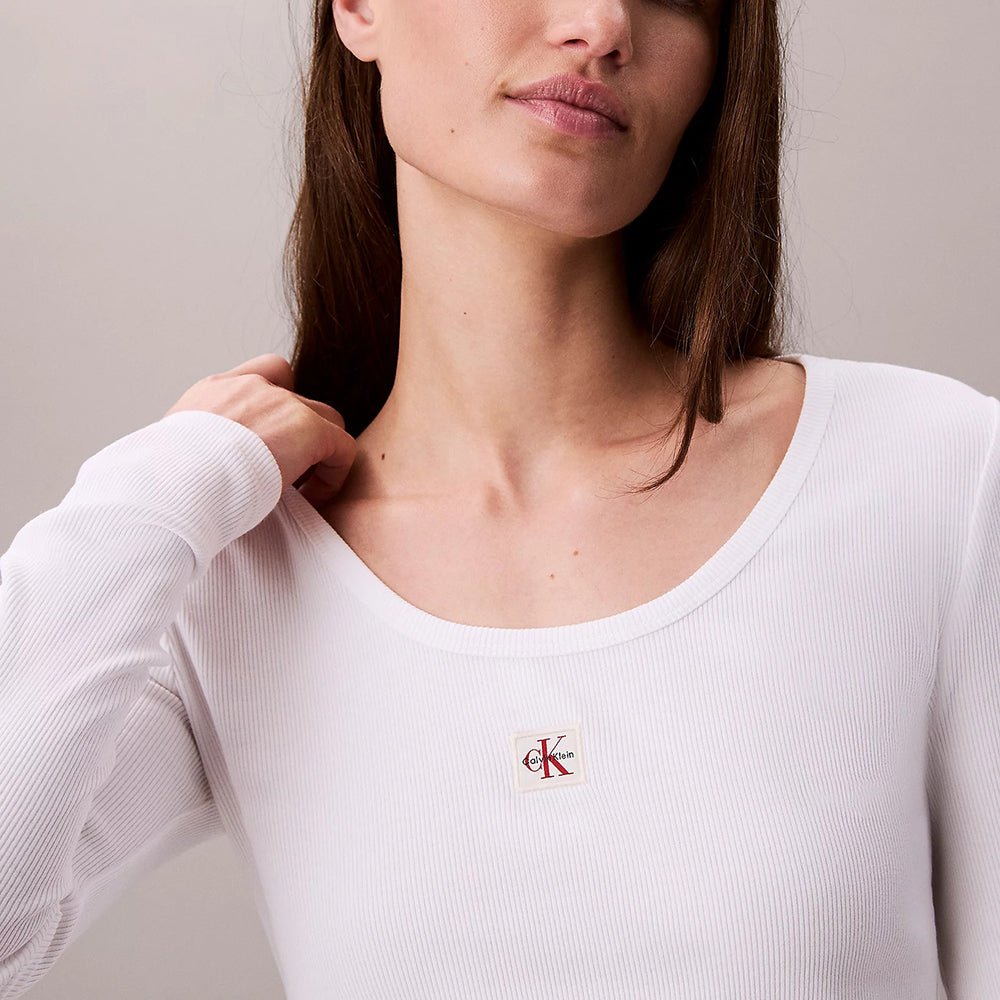 חולצת טישירט ארוכה קלווין קליין Ribbed Cotton Long Sleeve Top נשים