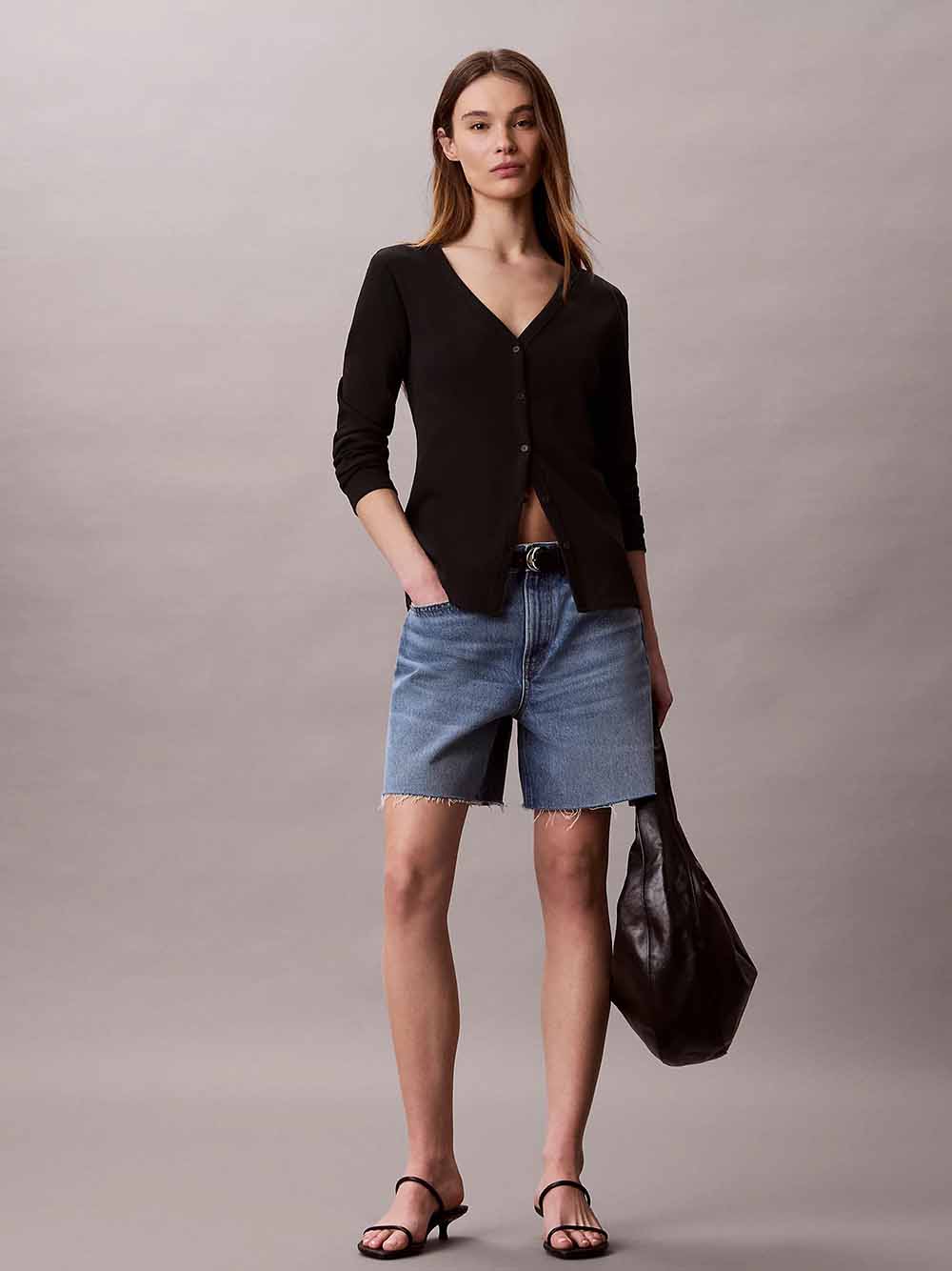 חולצת טישירט ארוכה קלווין קליין Slim Ribbed Cotton Cardigan נשים