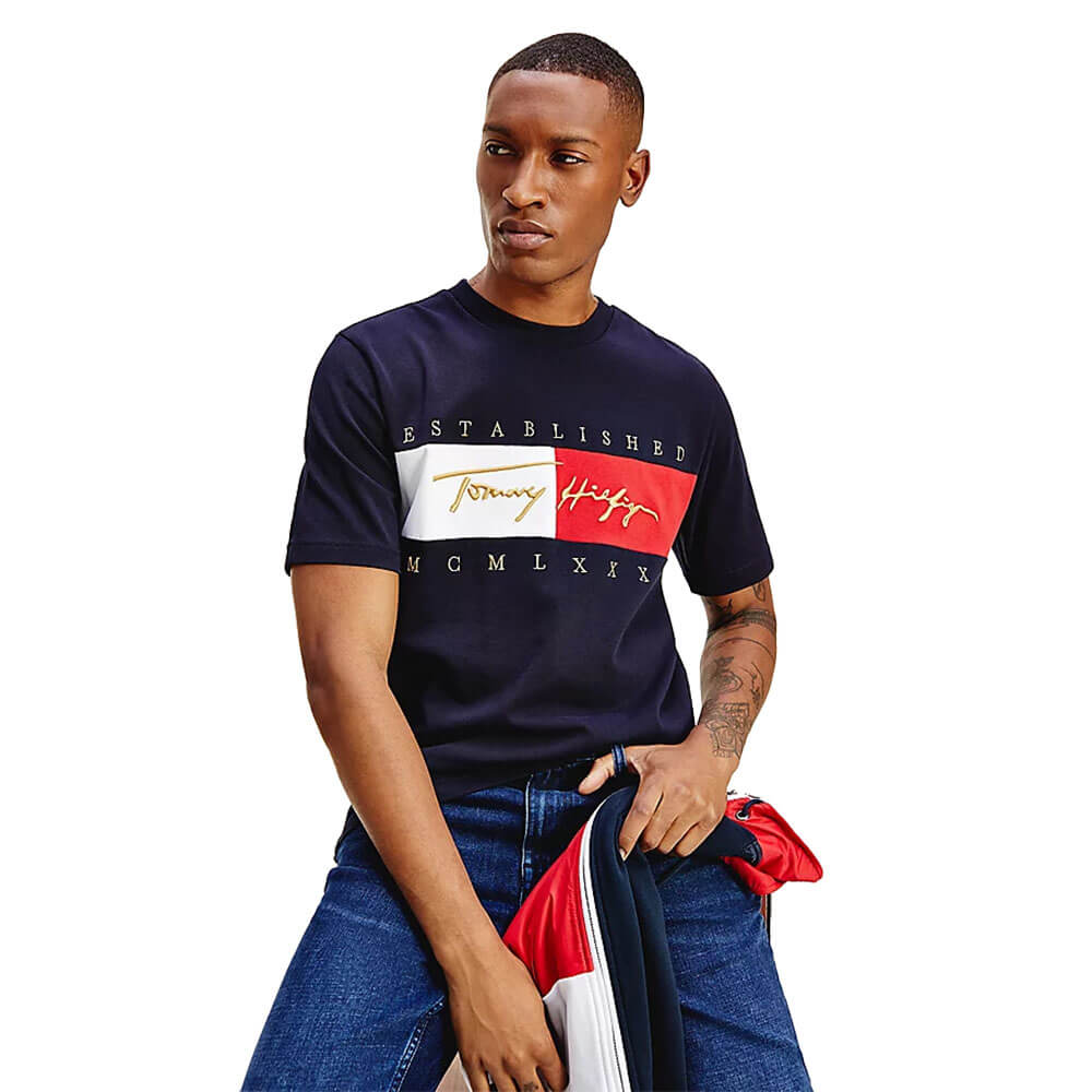 חולצת טישרט טומי הילפיגר קצרה Signature Logo Embroidery T-Shirt גברים