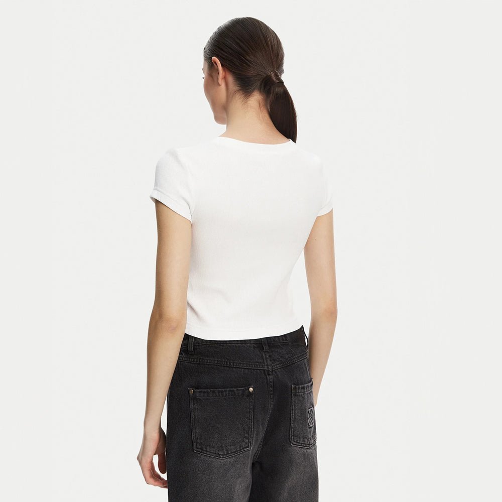 חולצת טישירט קצרה קלווין קליין Ribbed Cotton V-Neck נשים