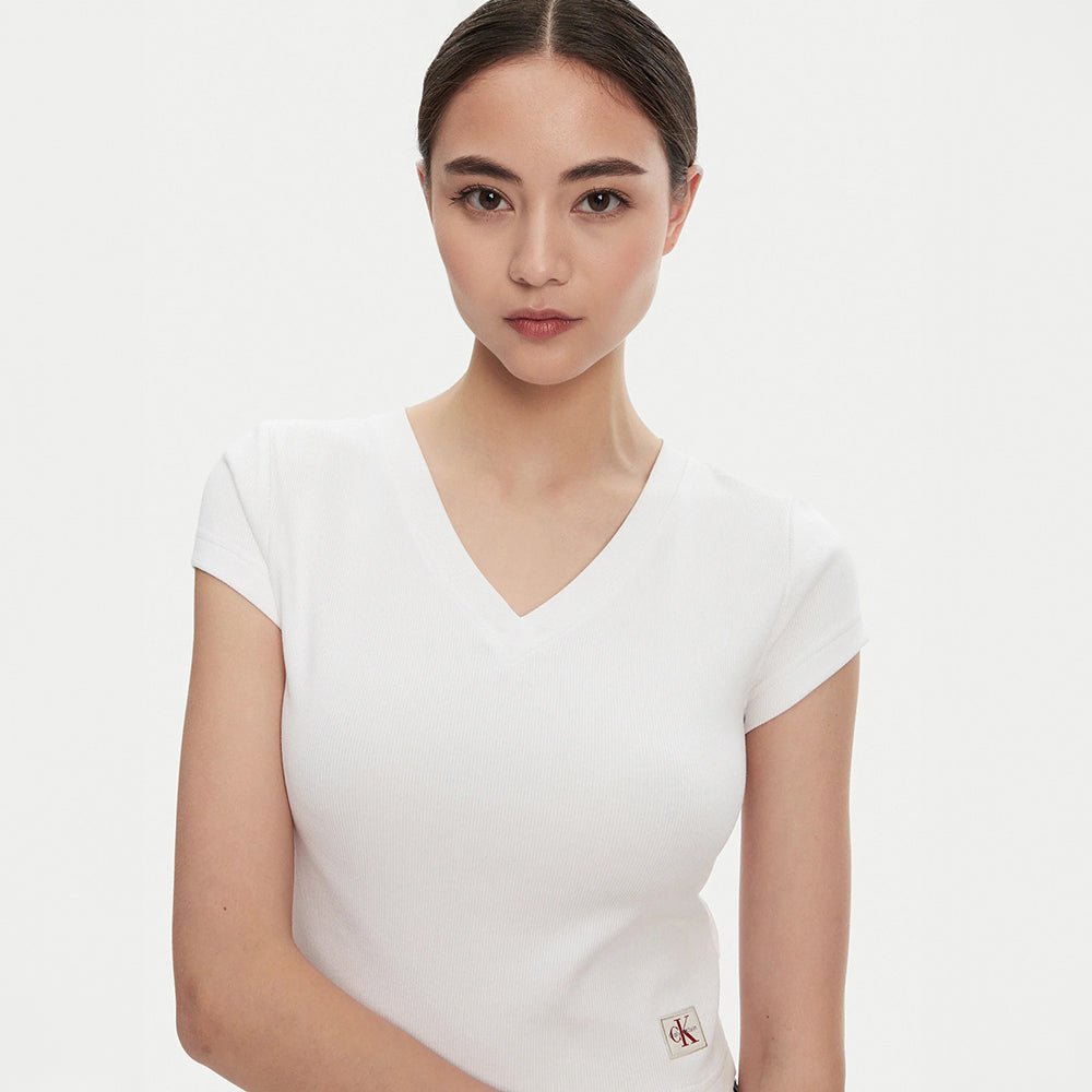 חולצת טישירט קצרה קלווין קליין Ribbed Cotton V-Neck נשים